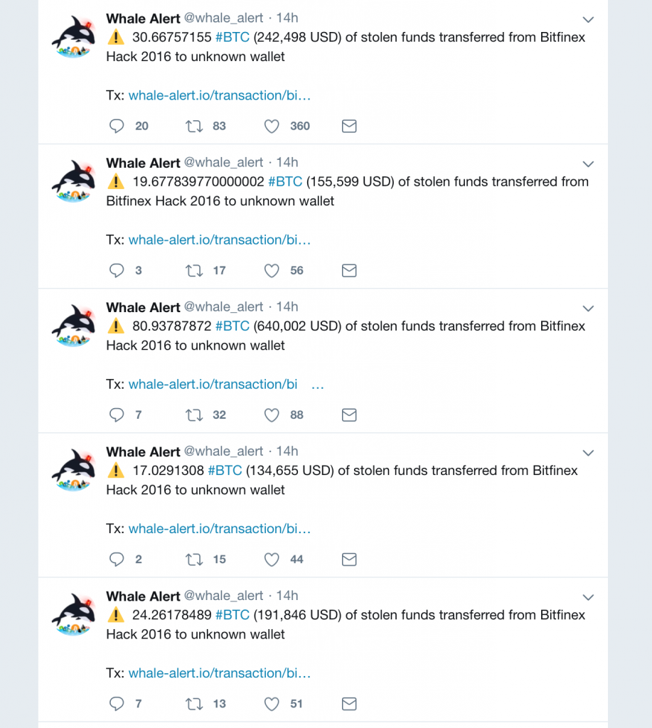 Информация о переводе средств с Bitfinex, по данным Whale Alert