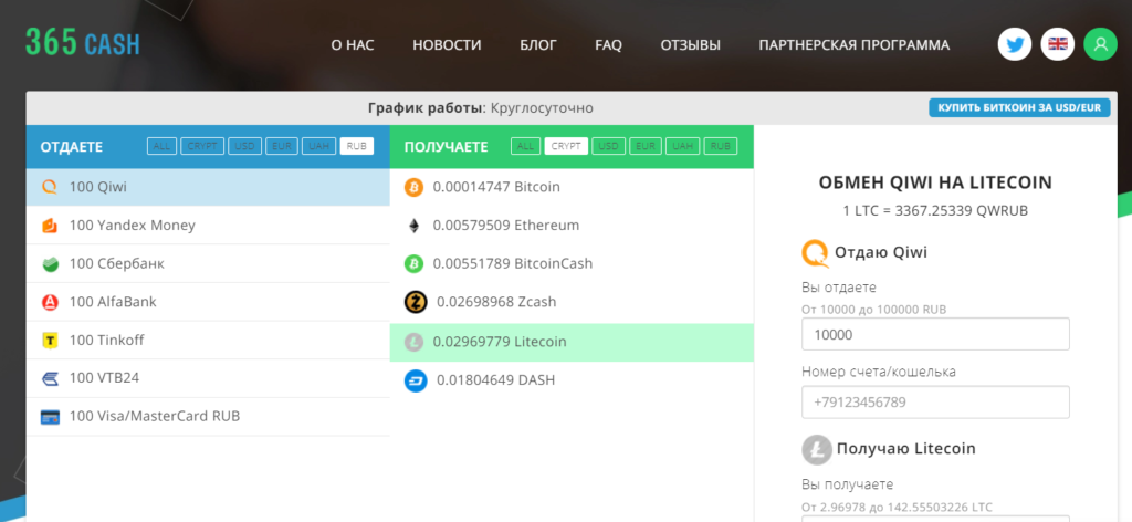 Скрин главной страницы торговой платформы 365cash