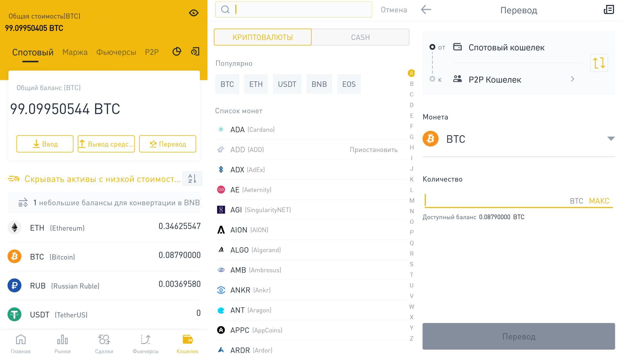 Интерфейс мобильного кошелька популярной биржи цифровых активов Binance