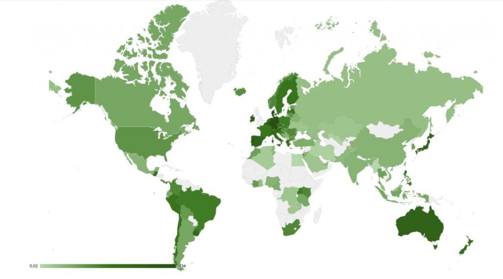 Карта, которая отражает стоимость электроэнергии в разных странах мира