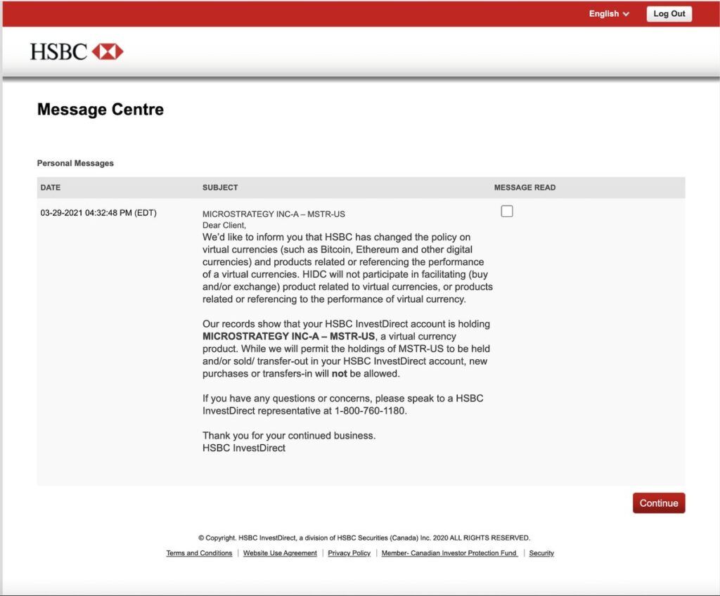 HSBC блокирует MSTR