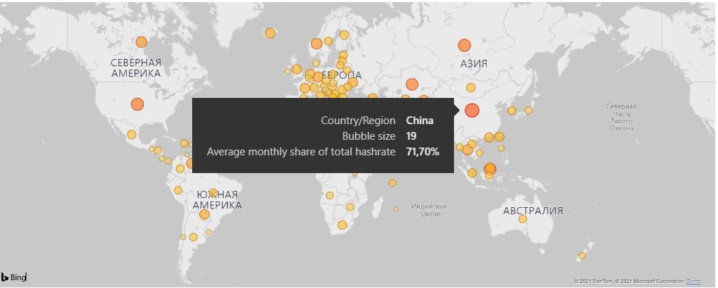 Китай на карте хэшрейта биткоина
