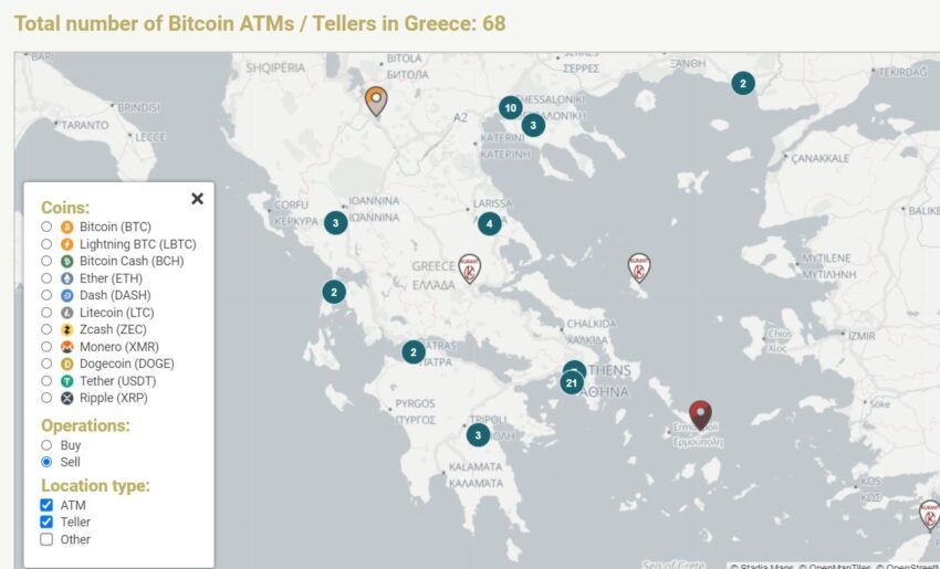 Карта криптоматов Греции
