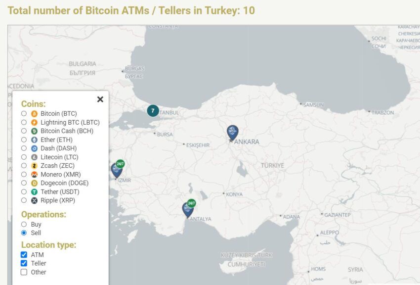 Карта пунктов для продажи цифровых активов в Турции