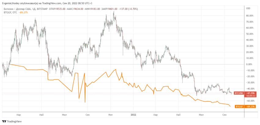 Сравнение поведения акций Bitcoin Group SE и биткоина