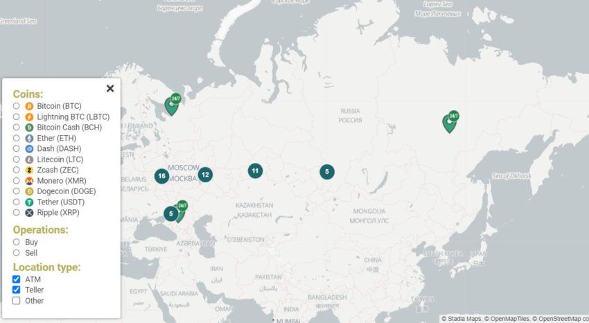 Карта биткоин-банкоматов РФ