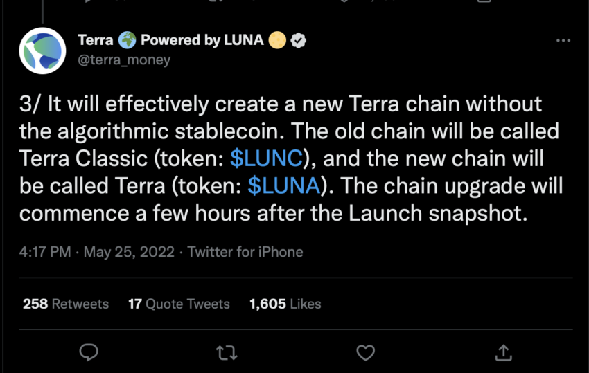 Пост Terra в Twitter о создании нового блокчейна
