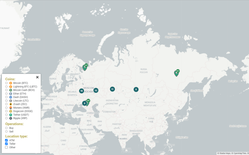 Карта криптоматов РФ