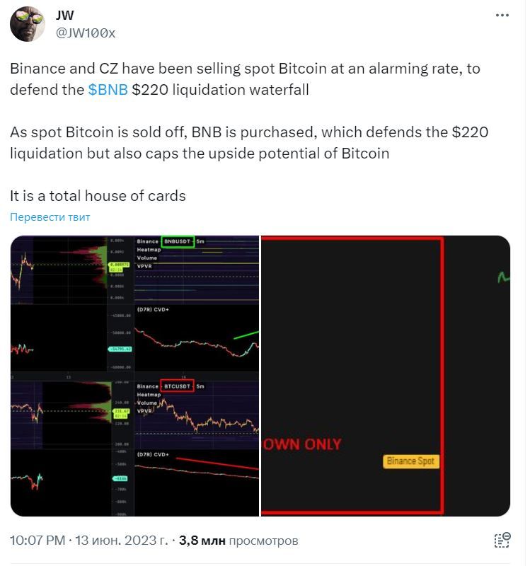FUD - Captura de pantalla de un tweet que afirma que Binance y Changpeng Zhao están vendiendo sus tenencias de Bitcoin