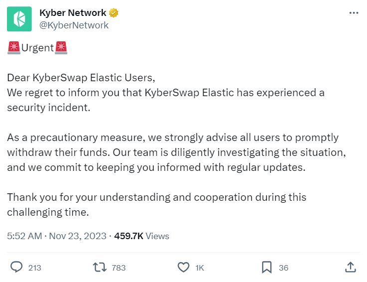 Скрин поста KyberSwap
