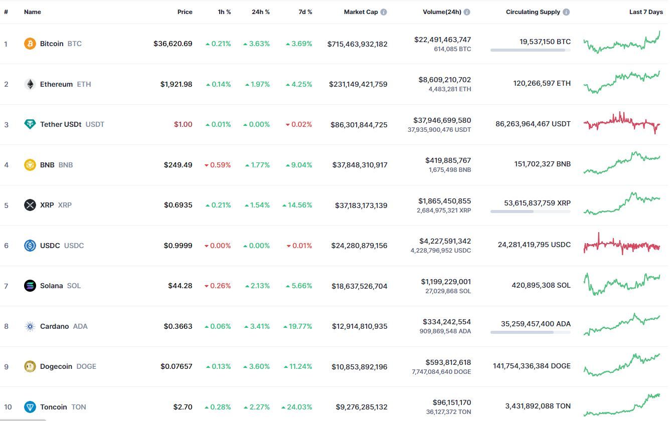 Поведение топ-10 самых капитализированных монет на фоне роста биткоина