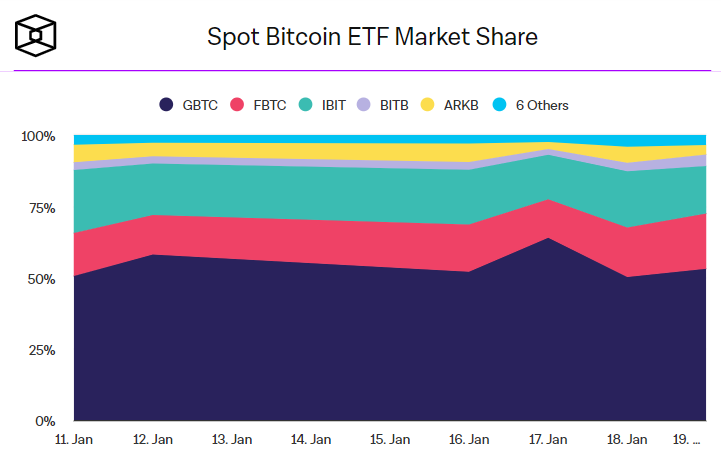 Udział spotowych ETF-ów Bitcoin.