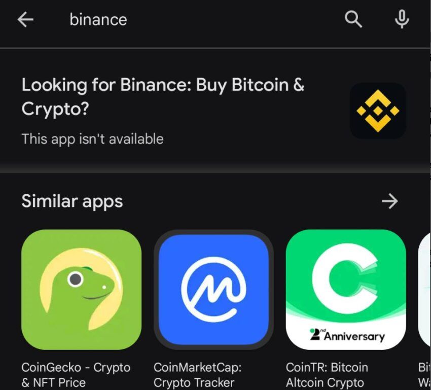 Скрин Play Store при попытке скачать приложение Binance в Индии