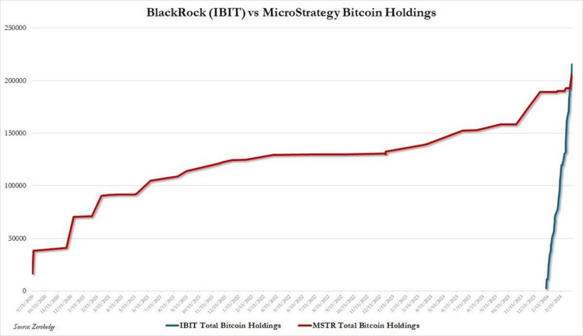 На графике сравнение темпов закупа биткоинов командой Microstrategy (красная кривая) и BlackRock (синяя кривая)