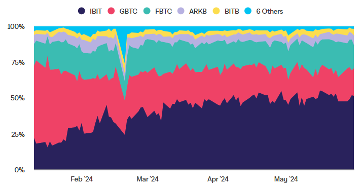 Доля фондов на рынке спотовых биткоин-ETF